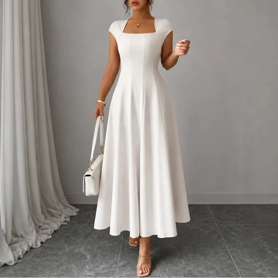 Sculptara – Square Neck A-Line Midi Dress with Sculpted Waist
